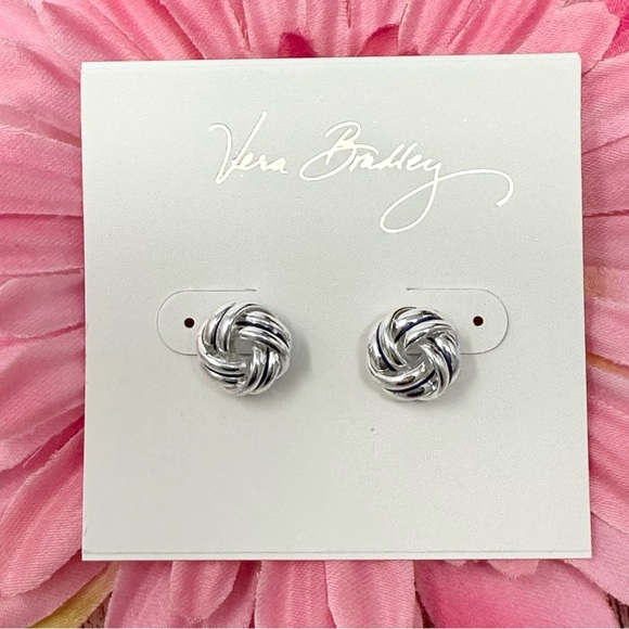Vera Bradley Silver Tone Navy Blue Stripe Knot Stud Earrings - Picture 1 of 3